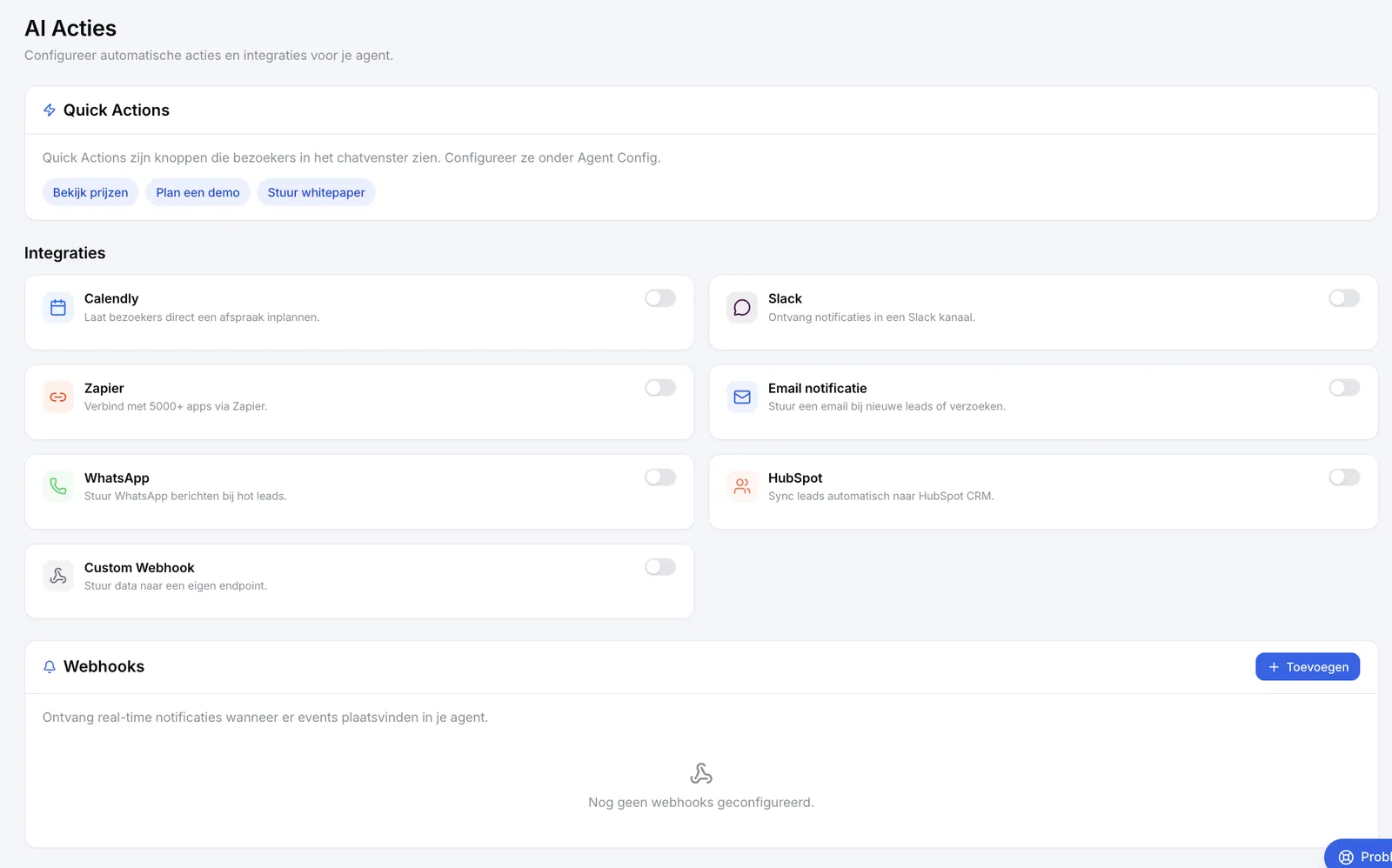 AI-acties en integraties in het LeadForge-dashboard